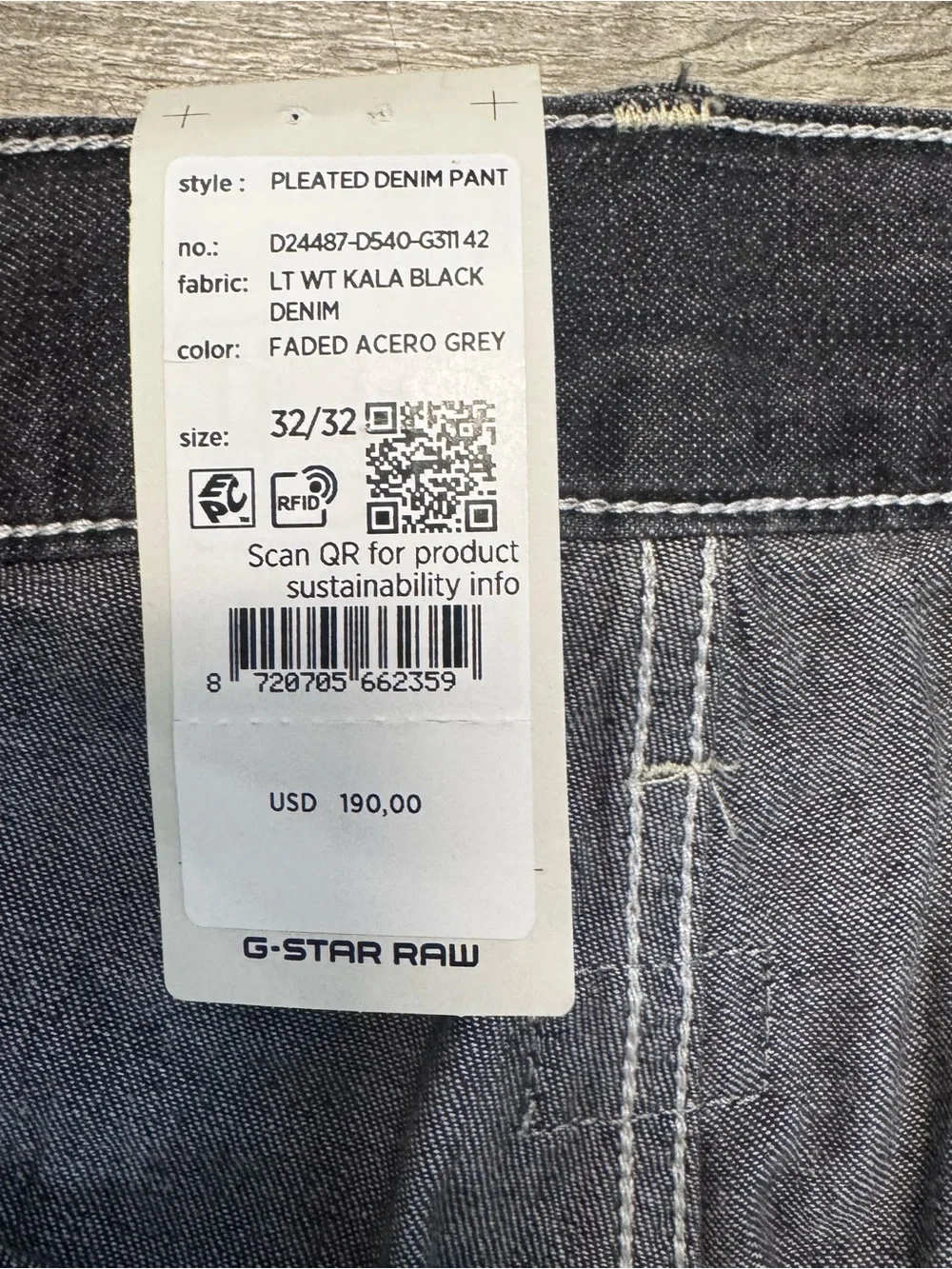 G Star Raw Palm Pleated Denim Pants Gray Wash NWT Button Fly Mens 35x30